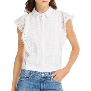NWT Aqua Bloomingdales White EYELET Button Down Short Sleeve TOP XS Small